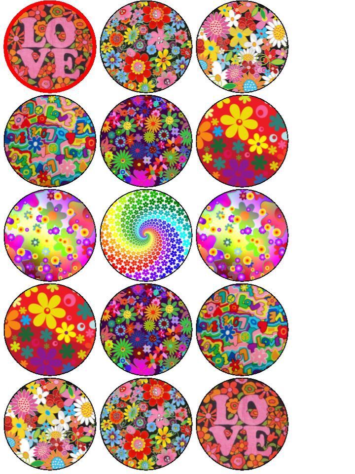 60's Sixties groovy flower power edible printed Cupcake Toppers Icing Sheet of 12 Toppers