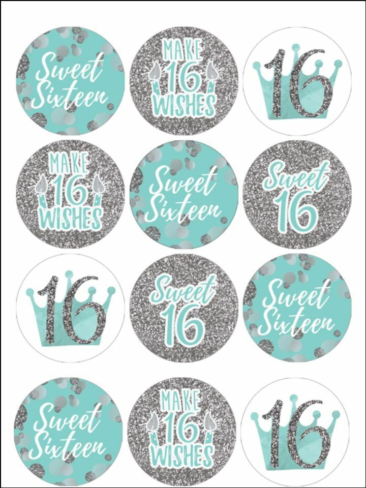 sweet 16 birthday silver edible printed Cupcake Toppers Icing Sheet of 12 Toppers