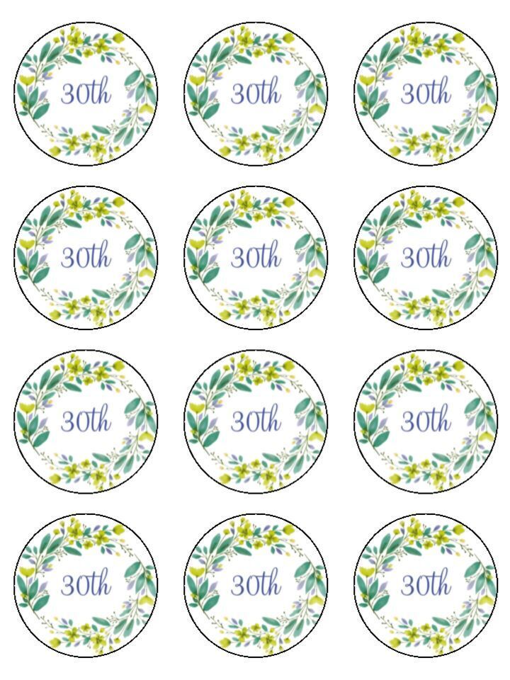 30th birthday blue green Edible Printed Cupcake Toppers Icing Sheet of 12 Toppers