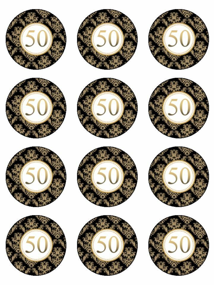 50th black gold theme edible printed Cupcake Toppers Icing Sheet of 12 Toppers