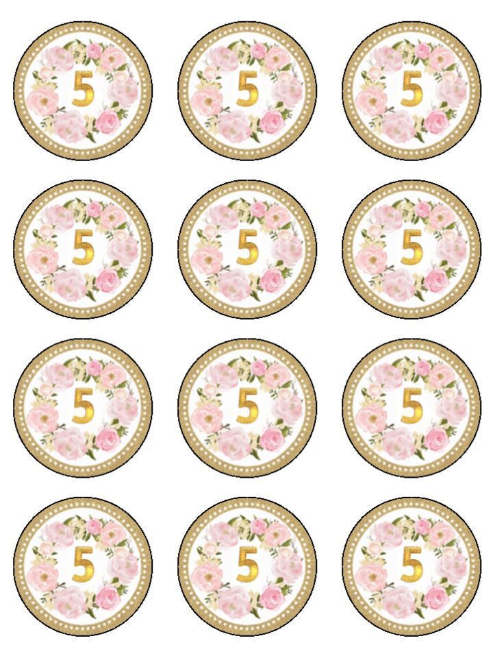 5th Birthday floral pink Edible Printed Cupcake Toppers Icing Sheet of 12 Toppers