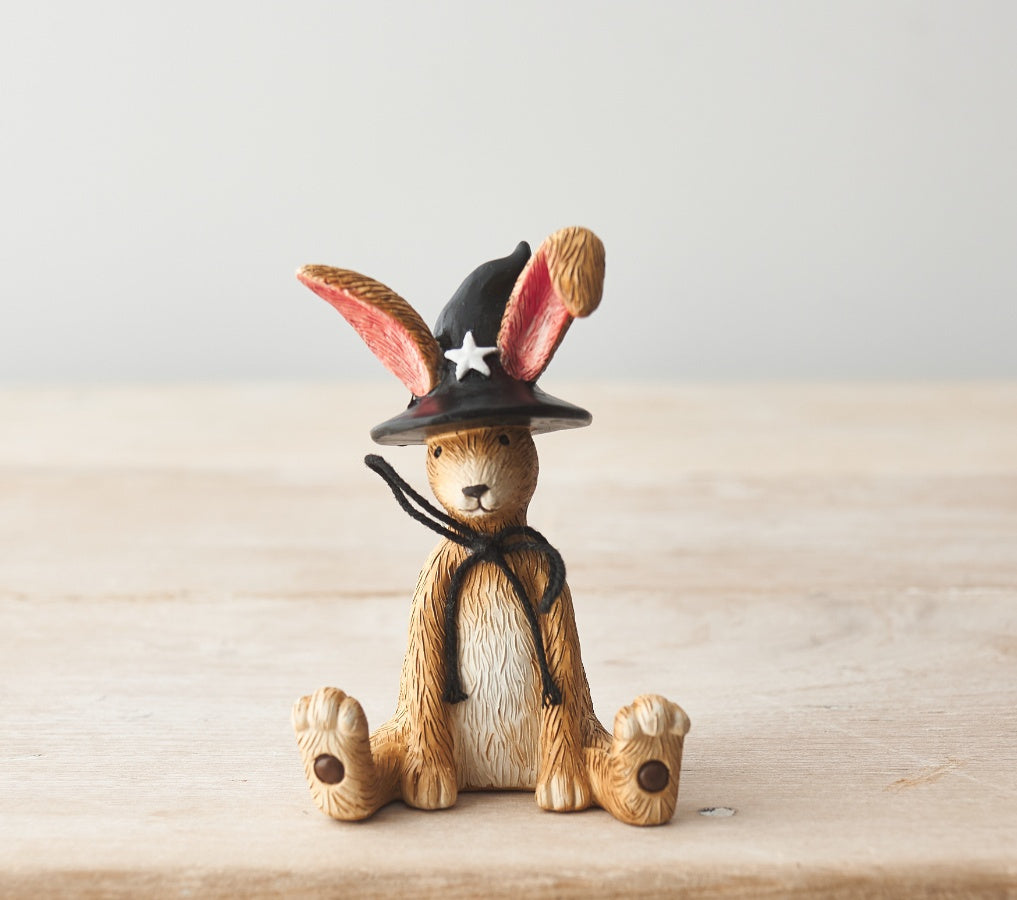 Sitting Decorative Autumn Rabbit Figure In Halloween Witch Hat Costume