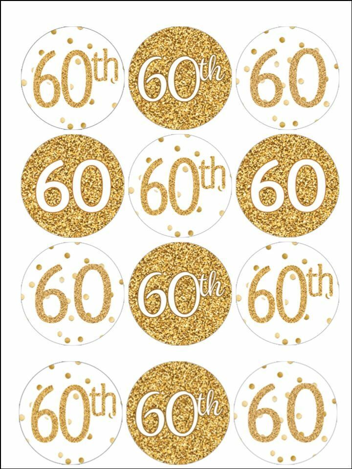 60th birthday age 60 gold edible printed Cupcake Toppers Icing Sheet of 12 Toppers