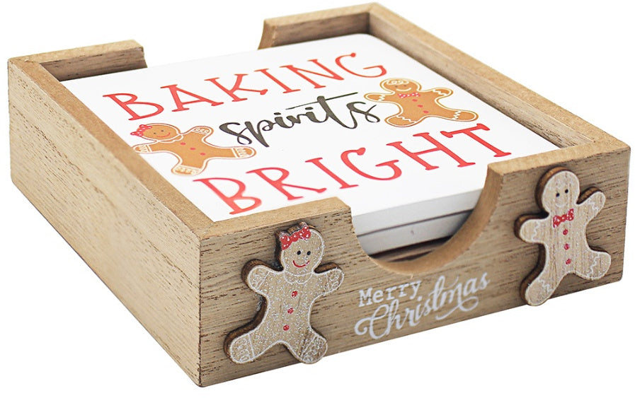 Gingerbread Theme Wooden Christmas Coasters - Set of Four with Storage Pot