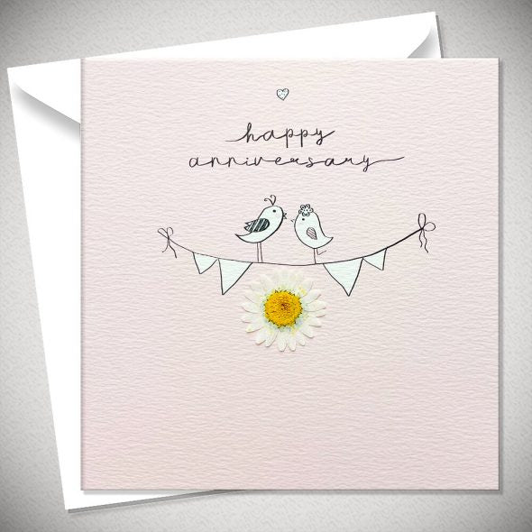 Happy Anniversary Love Birds with Daisy Detail Greeting Card & Envelope