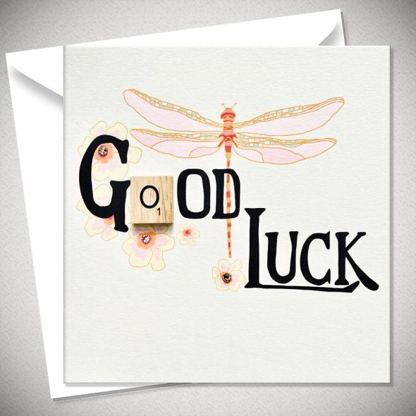 Good Luck Dragonfly Illustration Scrabble Letter Greeting Card & Envelope