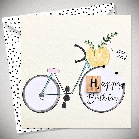 Happy Birthday with Bicycle Illustration Scrabble Letter Greeting Card & Envelope