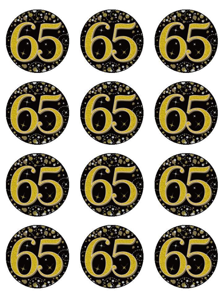 65th birthday black gold Edible Printed Cupcake Toppers Icing Sheet of 12 Toppers