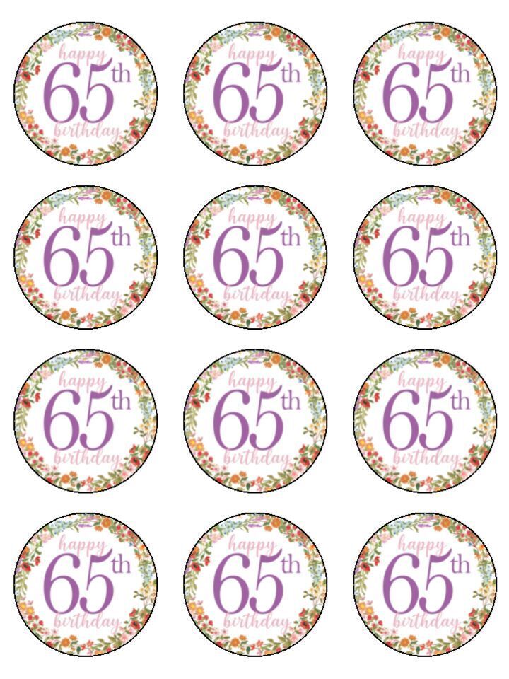 65th birthday floral Edible Printed Cupcake Toppers Icing Sheet of 12 Toppers