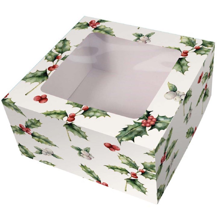 8" Christmas Cake Box with Window Vintage Holly Design