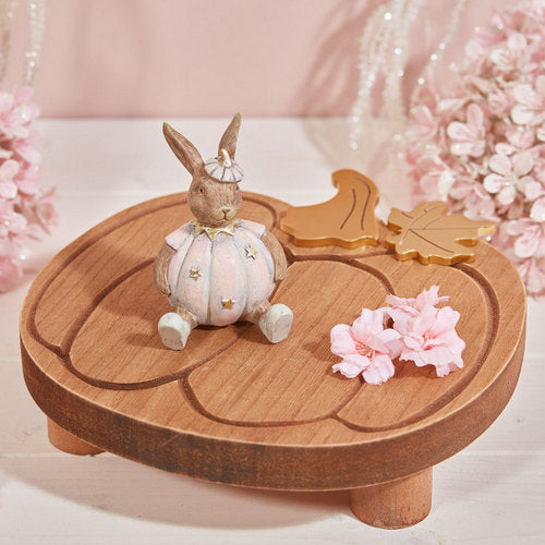 Decorative Sitting Rabbit Figurine Wearing Pastel Pink Halloween Inspired Autumn Pumpkin Outfit