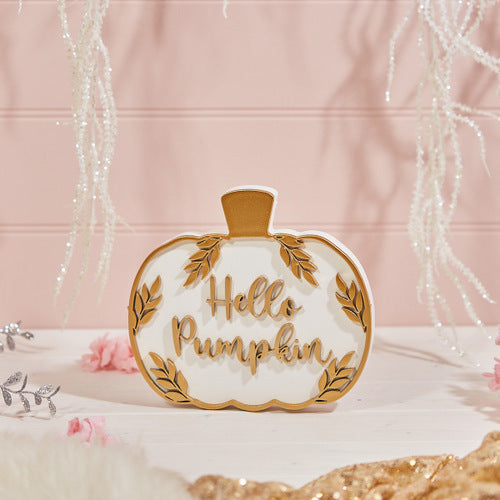 Gold and White Decorative Pumpkin Block Standing Plaque 'Hello Pumpkin'