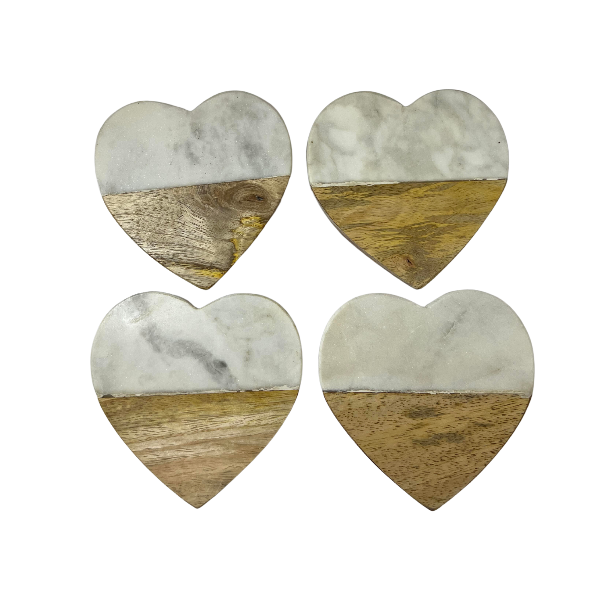 Wood and Grey Marble Heart Shaped Set of Four Drinks Coasters - Choose Colour