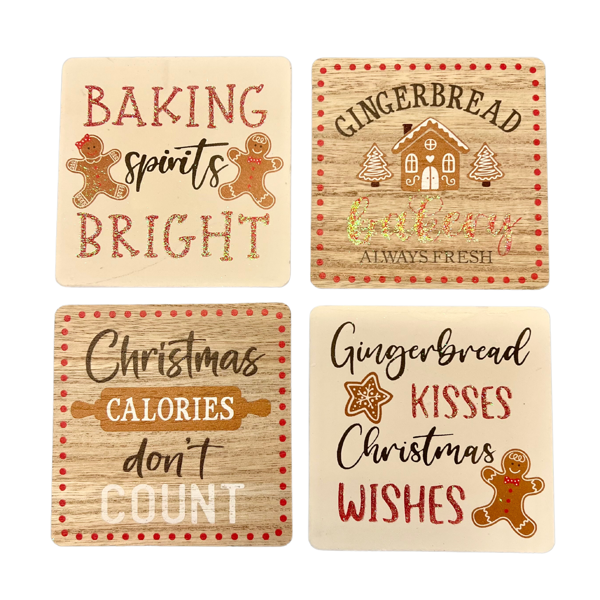 Gingerbread Theme Wooden Christmas Coasters - Set of Four with Storage Pot