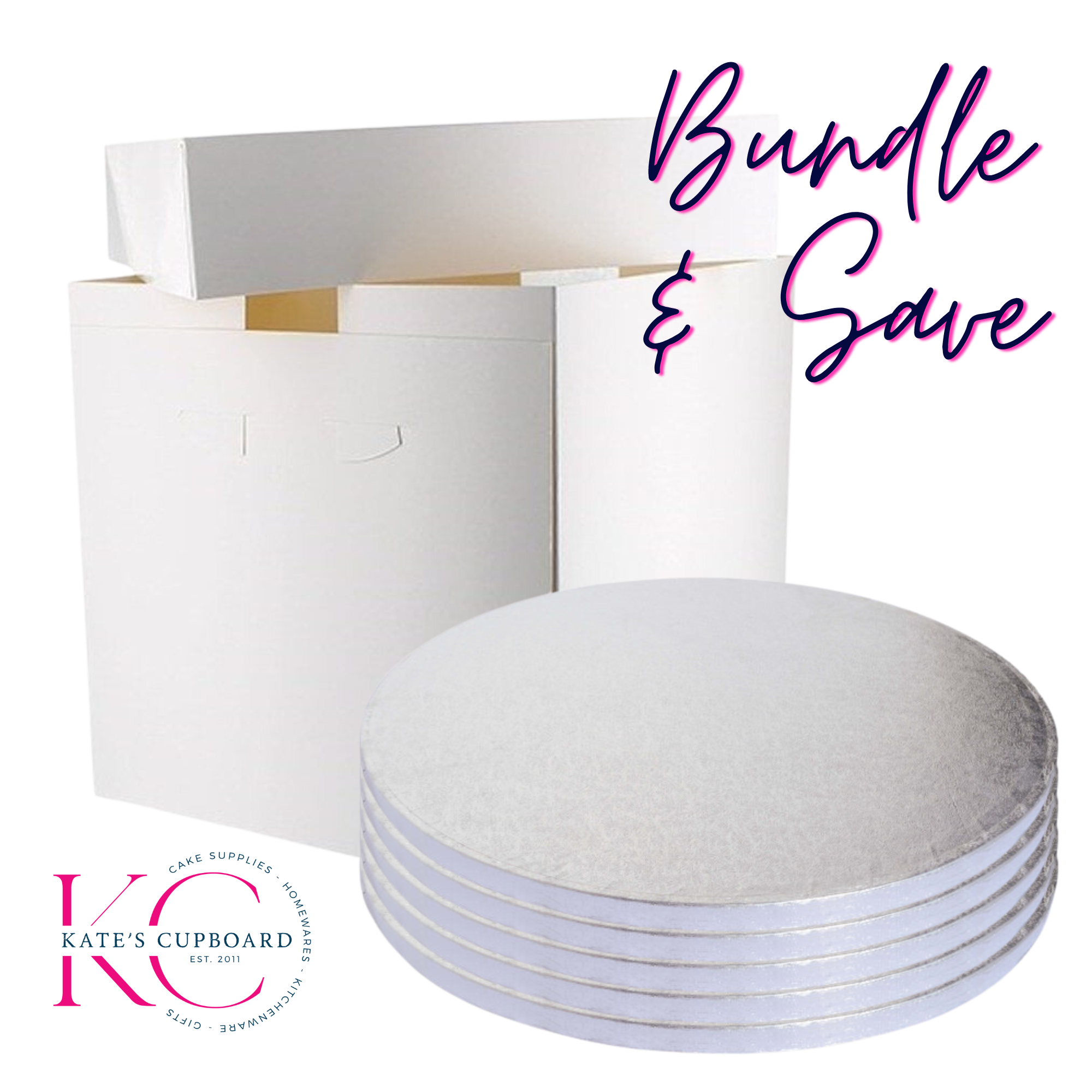 5 x Silver Round Cake Drum and 10" White Tall Box Bundle 10" / 25cm