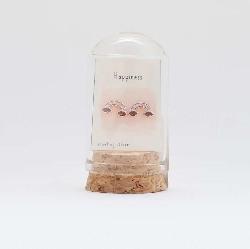 Happiness - Terrarium Bottle - Rainbow Stud Earrings with Butterfly Back - Rose Gold