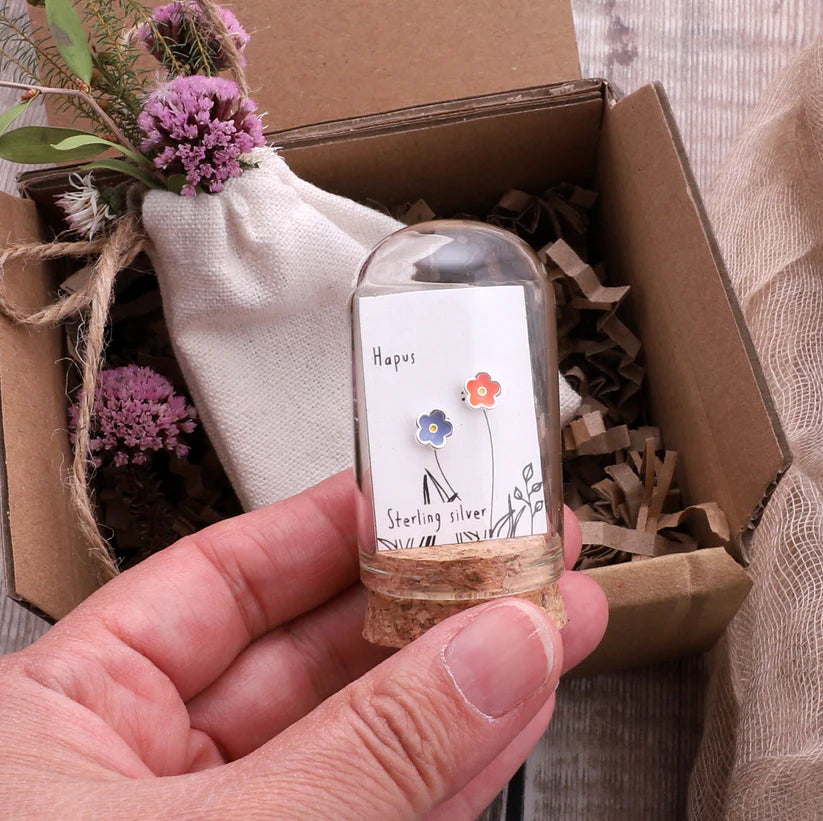 Hapus / Welsh Happy - Message in a Bottle - Blue & Orange Flower Stud Earrings with Butterfly Back - Silver