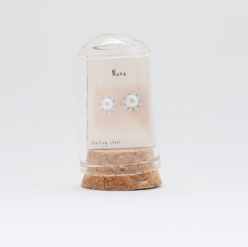 Nana - Terrarium Bottle - Pearl Stud Earrings with Butterfly Back - Silver