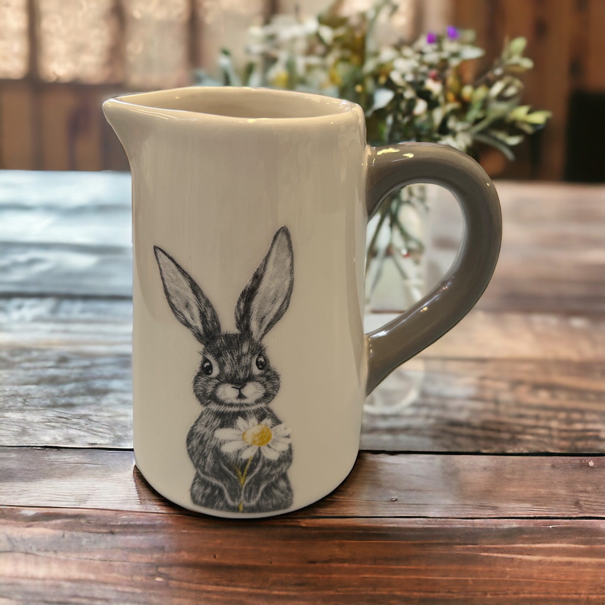 Ceramic Decorative Spring Theme Jug With Bunny Rabbit Holding Flowers Illustration 