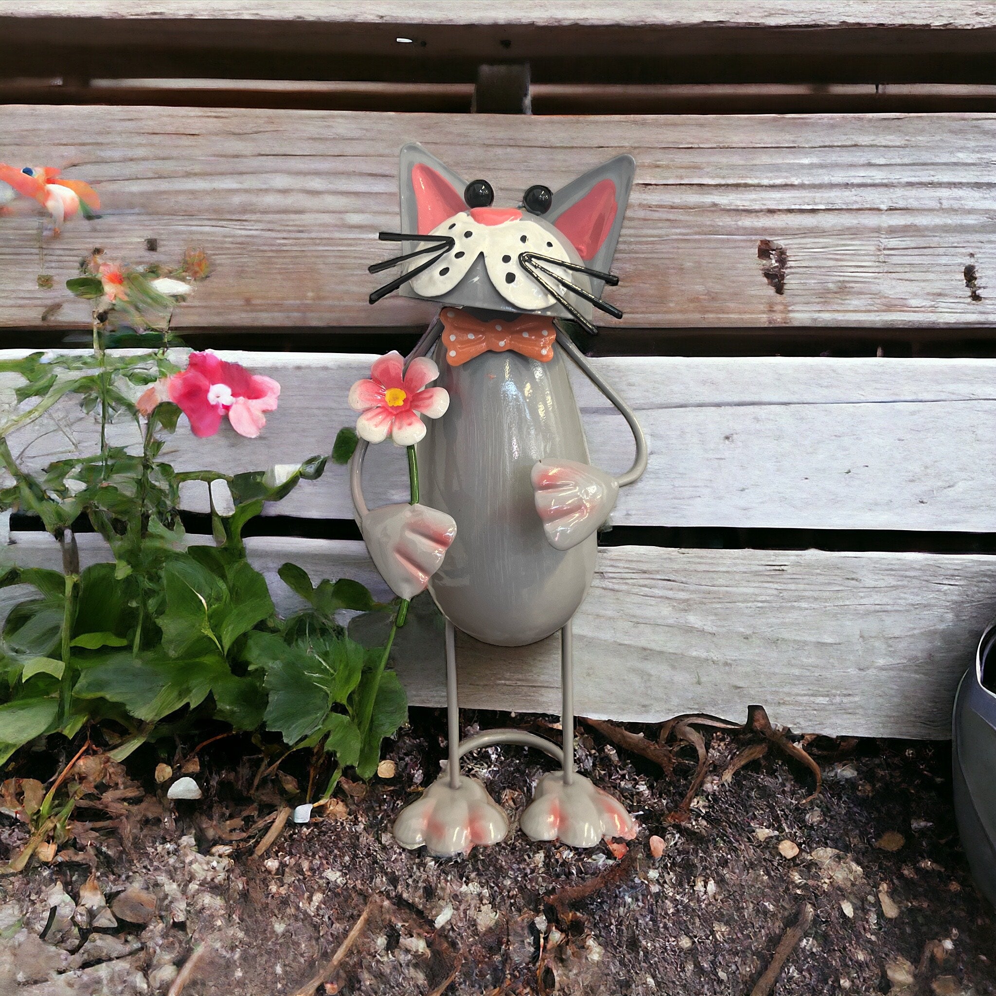 Metal Standing Cat Garden Ornament Holding Flower