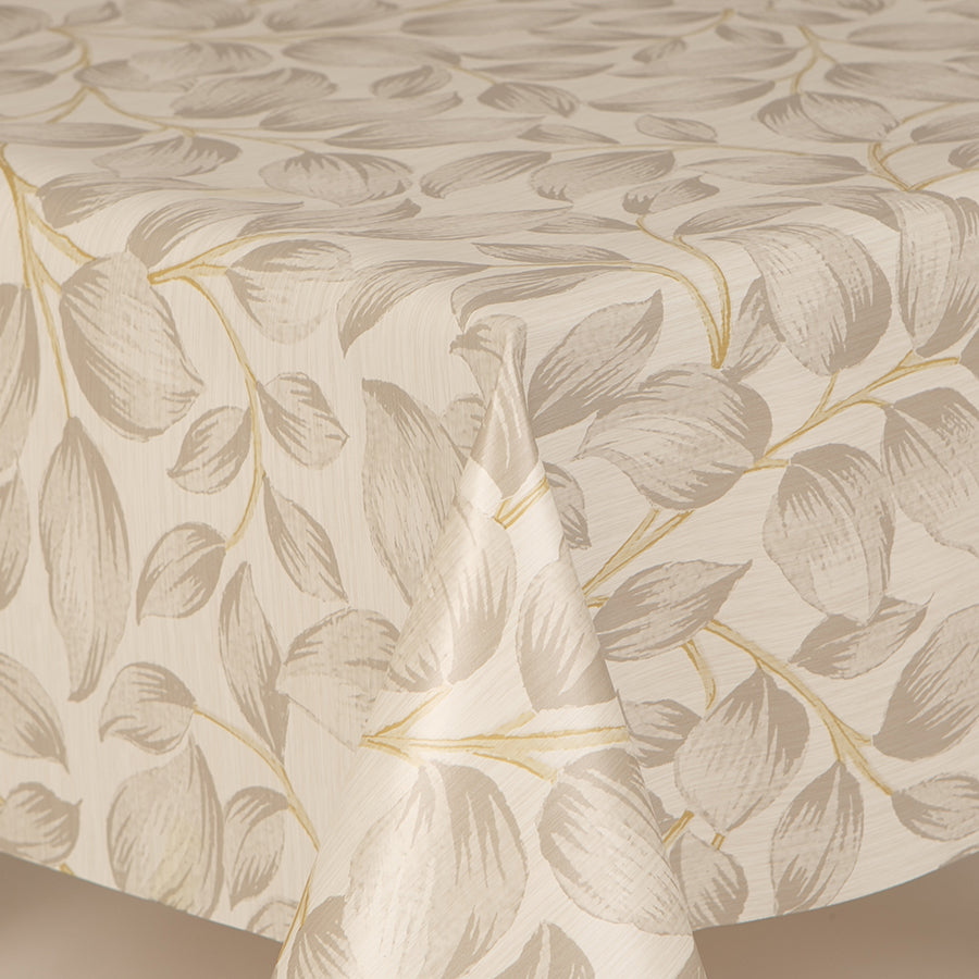 Tige Beige Leaf PVC Wipe Clean Vinyl Table Covering / Table Cloth