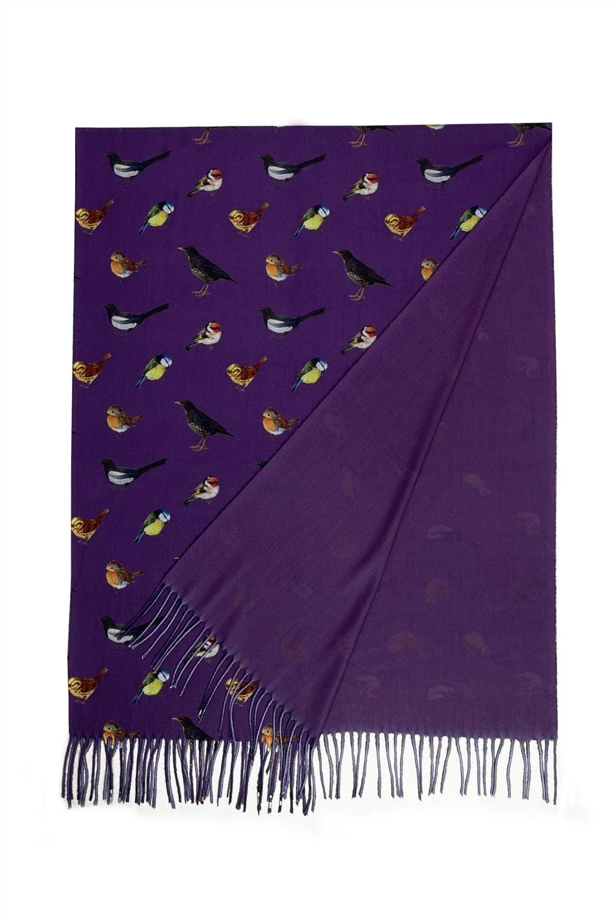 British Wildlife Birds Purple Print Tassel Scarf