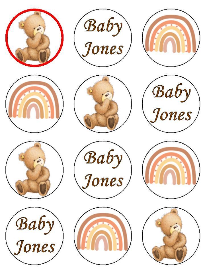 babyshower bear new baby personalised Edible Printed Cupcake Toppers Icing Sheet of 12 toppers