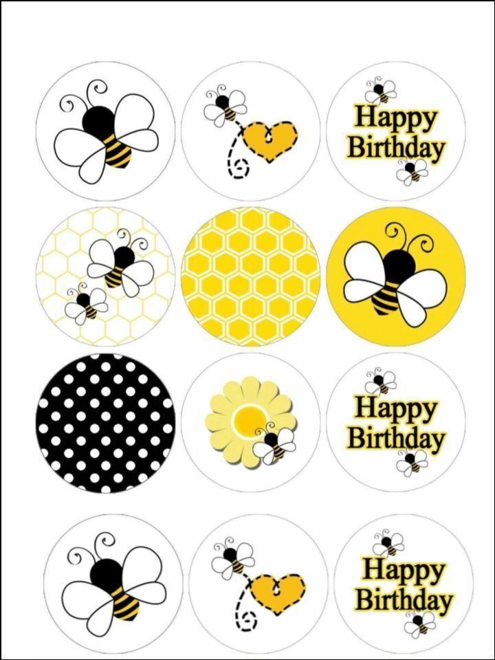 Bee Birthday yellow edible printed Cupcake Toppers Icing Sheet of 12 Toppers