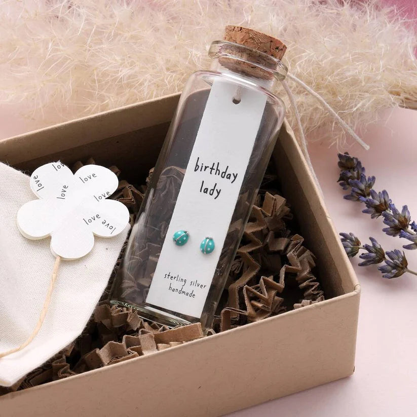 Birthday Lady - Message in a Bottle - Lady Bug Stud Earrings with Butterfly Back - Silver