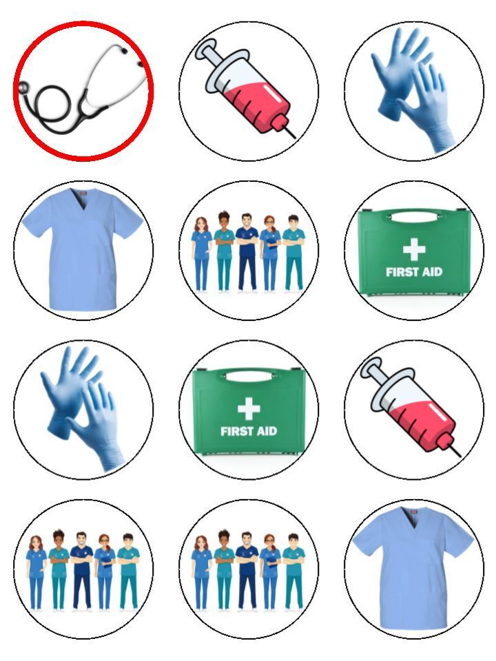 Doctors Nurses medical equipment Edible Printed Cupcake Toppers Icing Sheet of 12 Toppers