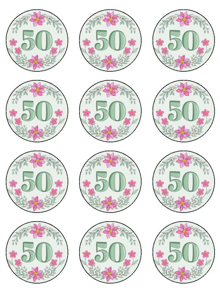 50th birthday age 50 floral Edible Printed Cupcake Toppers Icing Sheet 50th-birthday-age-50-floral-edible-printed-cupcake-toppers-icing-sheet