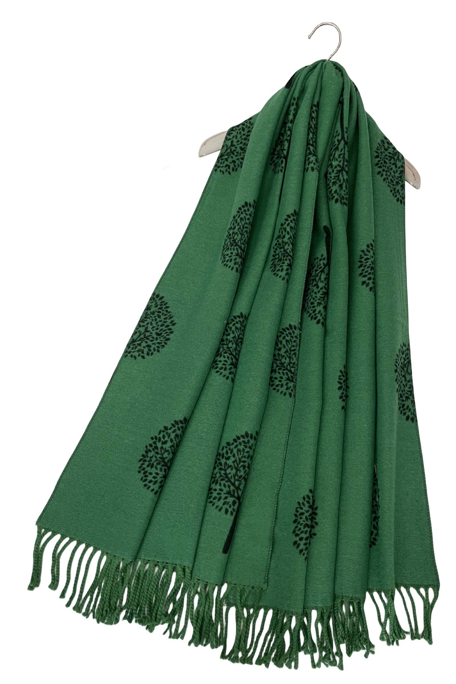 Tree Print Reversible Cotton Tassel Scarf Green