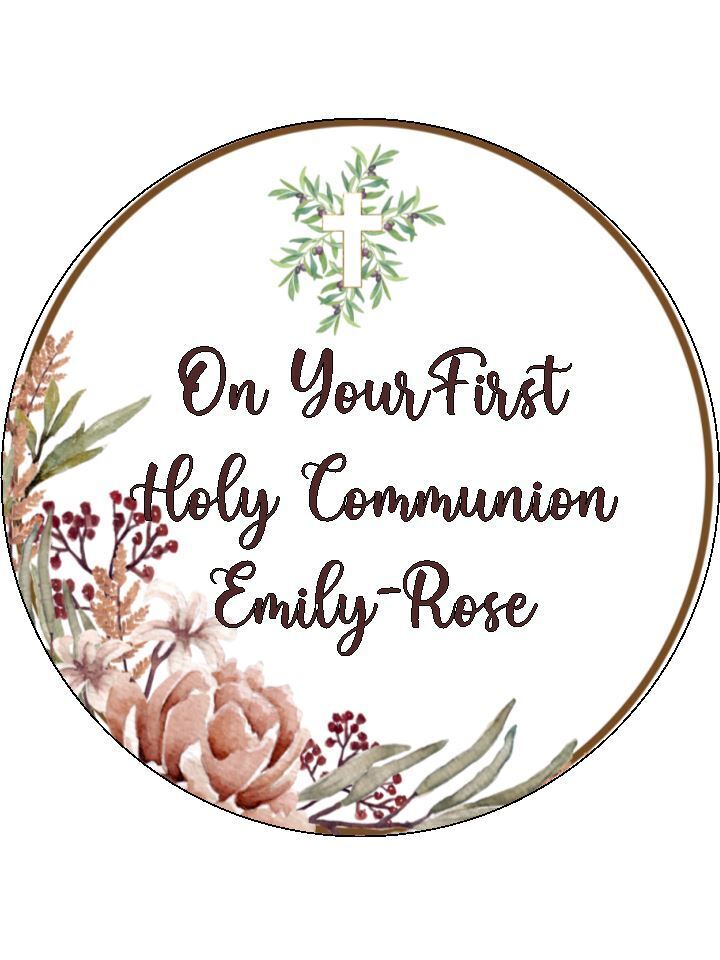 Floral Holy Communion Cross Personalised Edible Printed Cake Topper Round Icing Sheet