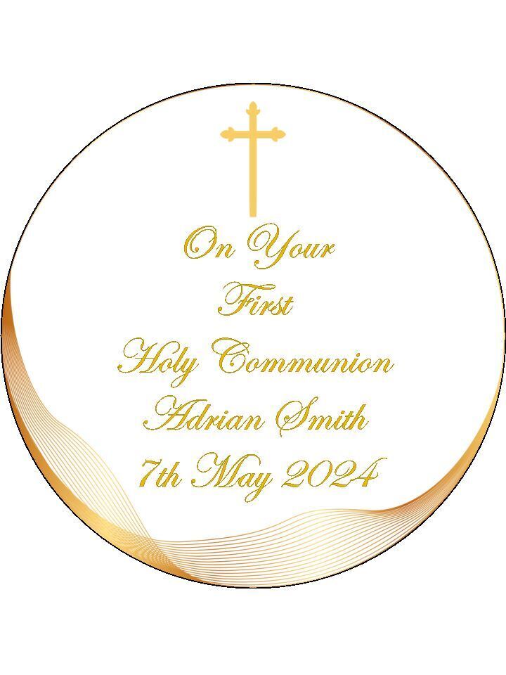 Modern Holy Communion Cross Personalised Edible Printed Cake Topper Round Icing Sheet