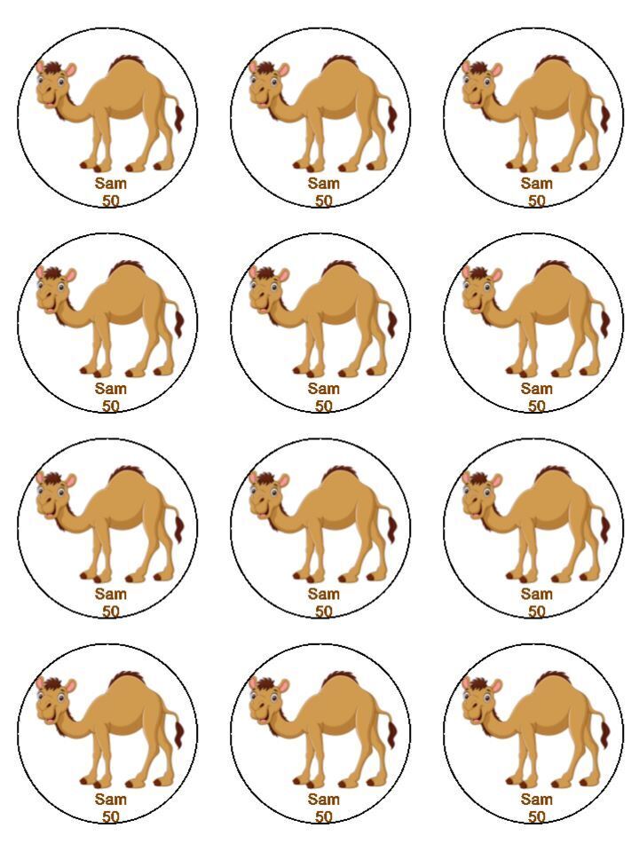Camel desert animal personalised Edible Printed Cupcake Toppers Icing Sheet of 12 Toppers