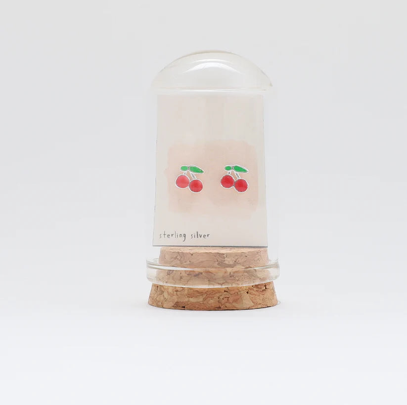 Cherries in a bottle - Terrarium Bottle - Cherry Stud Earrings with Butterfly Back - Silver