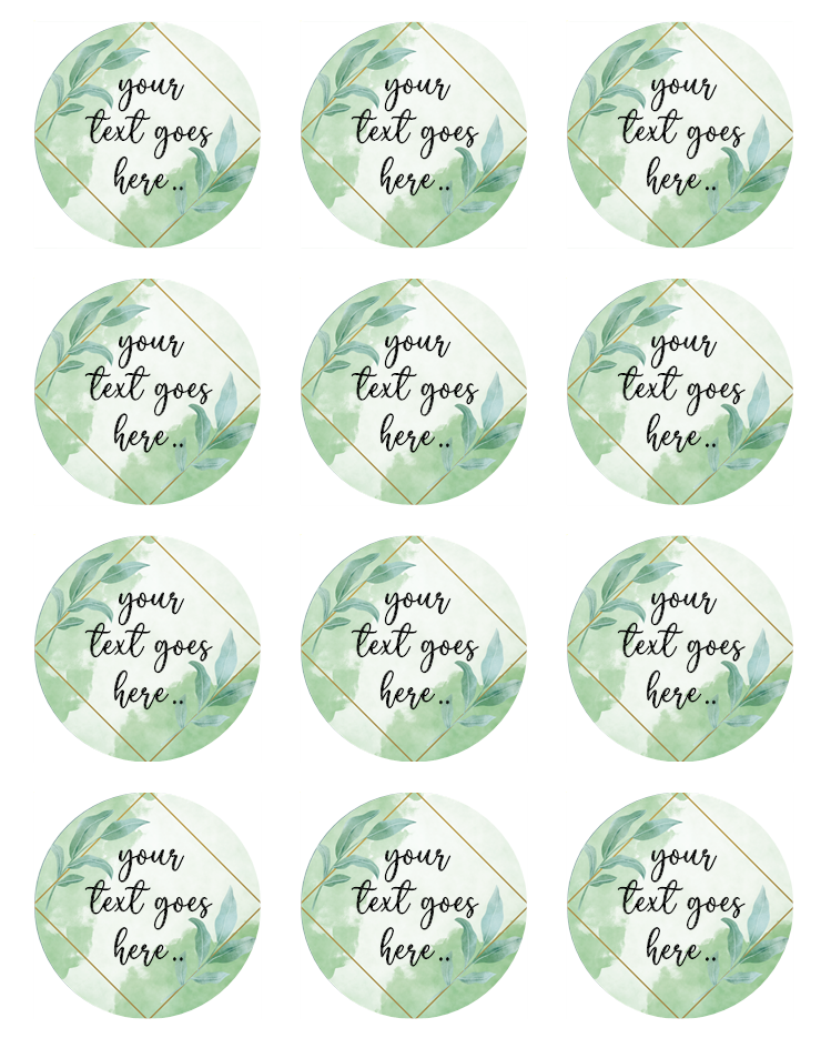 Green Eucalyptus gold personalised Edible Printed Cupcake Toppers Icing Sheet of 12 toppers