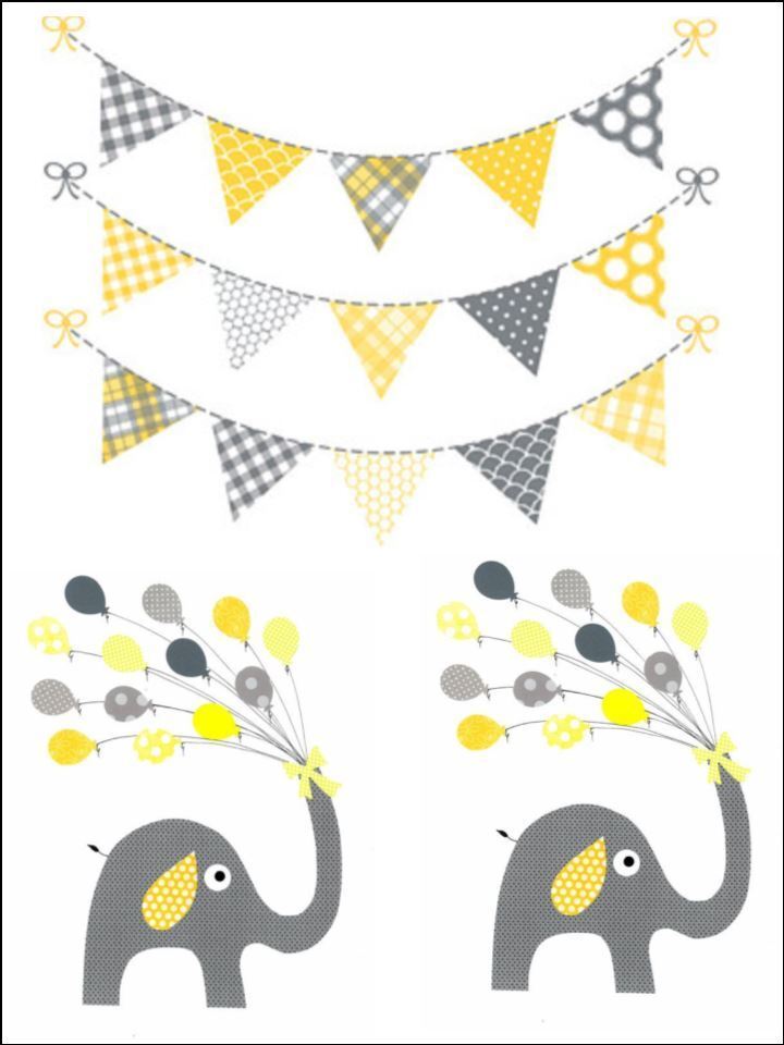 Grey yellow elephant bunting Edible edible Printed Cake Decor Topper Icing Sheet  Toppers Decoration