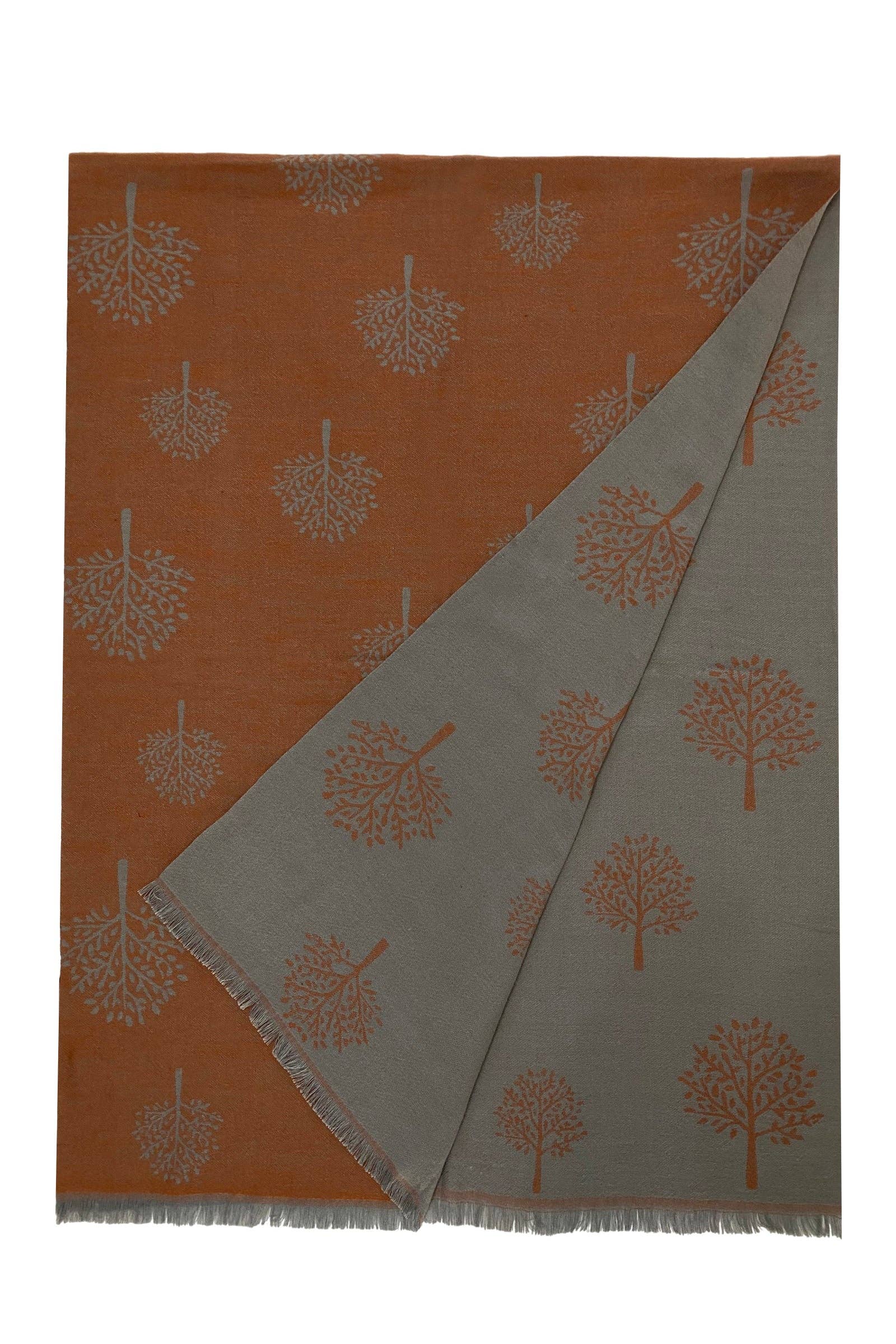 Burnt Peach / Grey Reversible Soft Wool Tree Print Frayed Edge Scarf