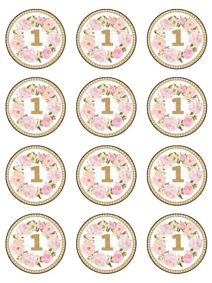1st Birthday floral pink Edible Printed Cupcake Toppers Icing Sheet of 12 Toppers