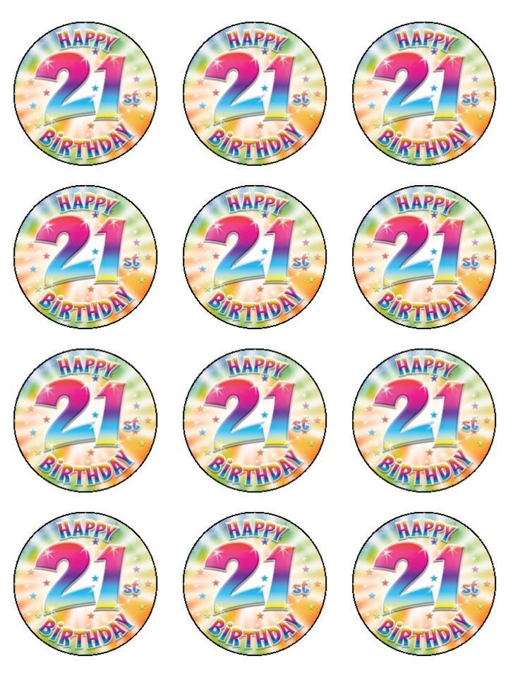 21st Multi colour rainbow edible printed Cupcake Toppers Icing Sheet of 12 Toppers
