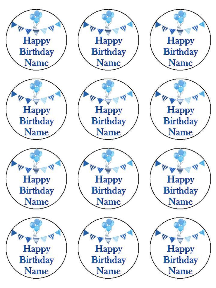 Birthday Blue Bunting personalised Edible Printed Cupcake Toppers Icing Sheet of 12 toppers