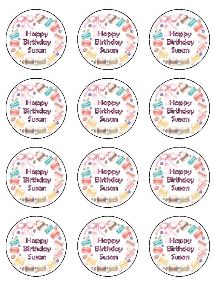 Macarons birthday girly Personalised Edible Printed Cupcake Toppers Icing Sheet of 12 Toppers