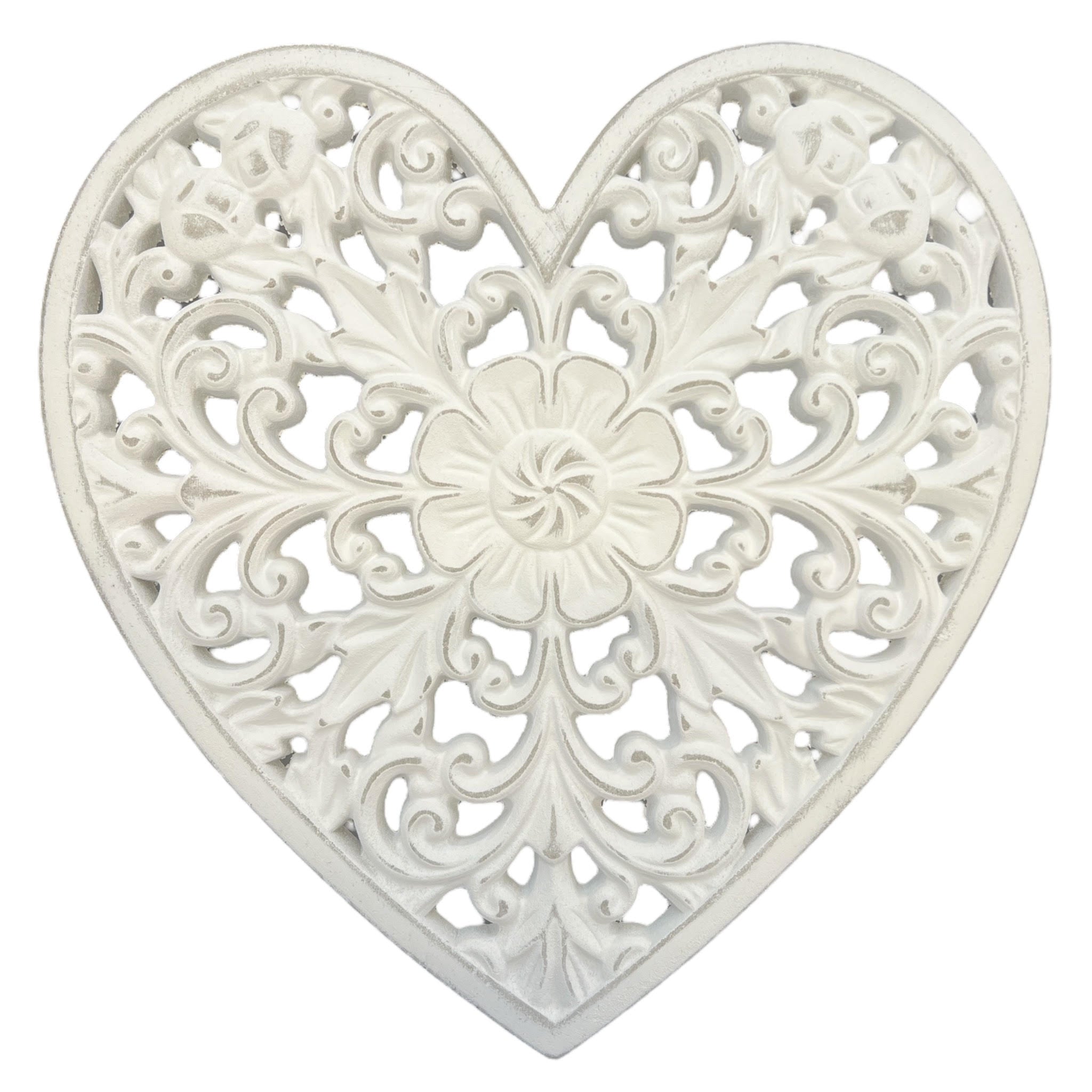 White Distressed Wood Carved Heart Decorative Wall Plaque