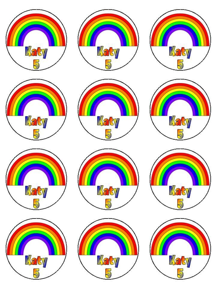 Rainbow bright colourful Personalised Edible Printed Cupcake Toppers Icing Sheet of 12 Toppers