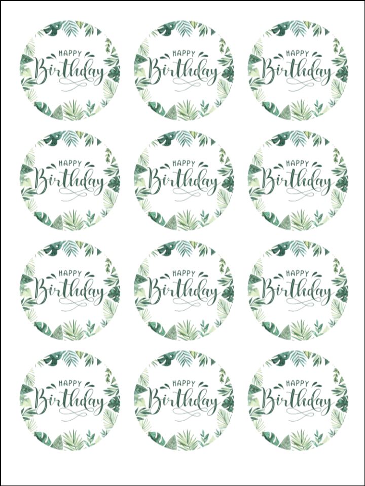 Jungle Leaf Greenery Happy Birthday edible  printed Cupcake Toppers Icing Sheet of 12 Toppers