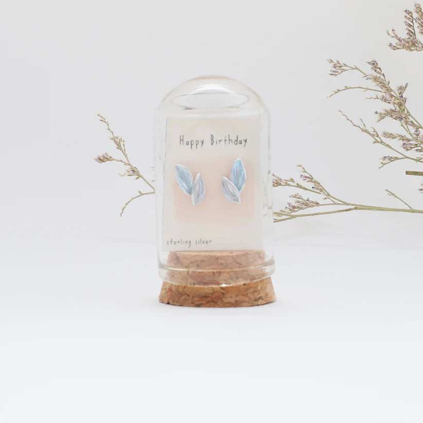 Happy Birthday - Terrarium Bottle - Leaf Stud Earrings with Butterfly Back - Silver