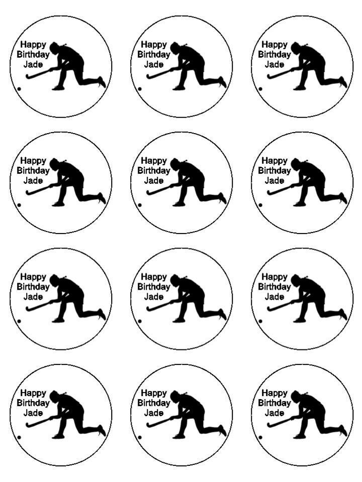 Hockey sport playing silhouettes personalised Edible Printed Cupcake Toppers Icing Sheet of 12 toppers