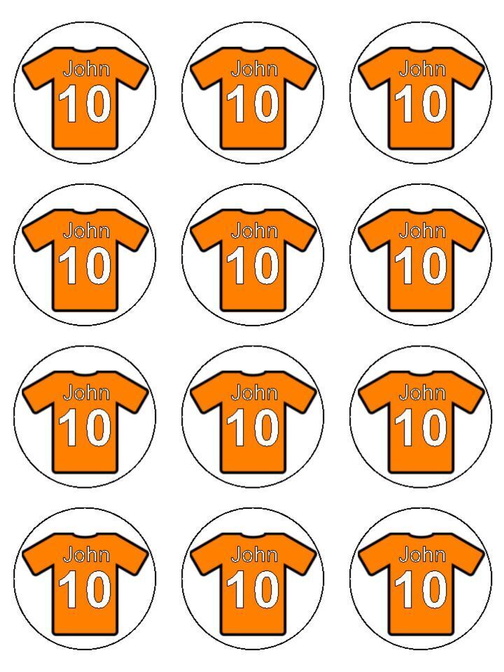 Orange football shirt team Name Age personalised Edible Printed Cupcake Toppers Icing Sheet of 12 toppers
