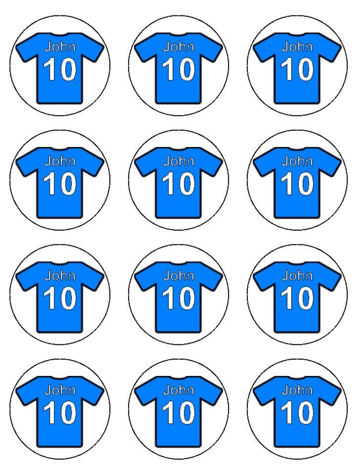 Blue football shirt team Name Age personalised Edible Printed Cupcake Toppers Icing Sheet of 12 toppers